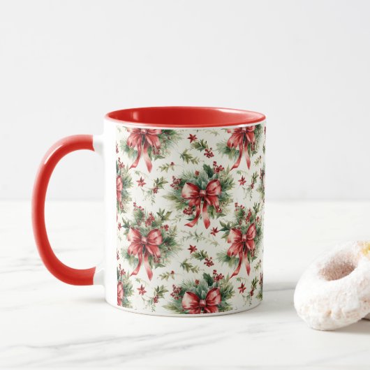Mug Red Bows and Holly Leaves (Avec donut)