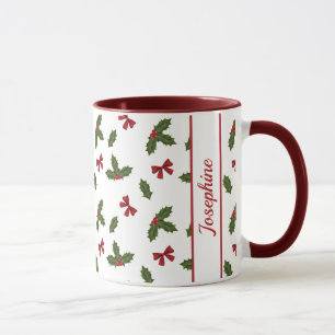 Mug Red Bows Et Christmas Holly Plante Motif & Nom