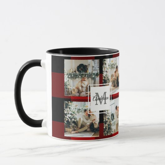 Mug Red Buffalo Plaid & Collage Photo Avec Initiale (Gauche)