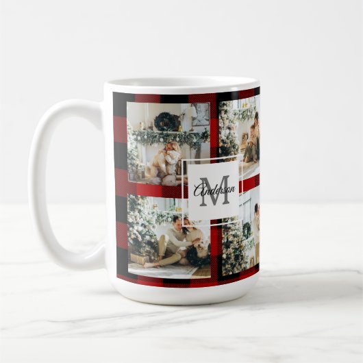 Mug Red Buffalo Plaid & Collage Photo Avec Initiale (Gauche)