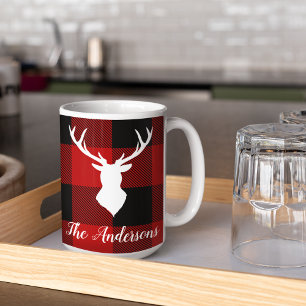 Mug Red Buffalo Plaid & Deer Nom personnel Cadeau