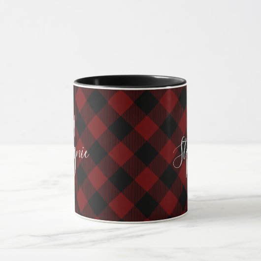 Mug Red Buffalo Plaid Rustic Nom du monogramme (Centre)