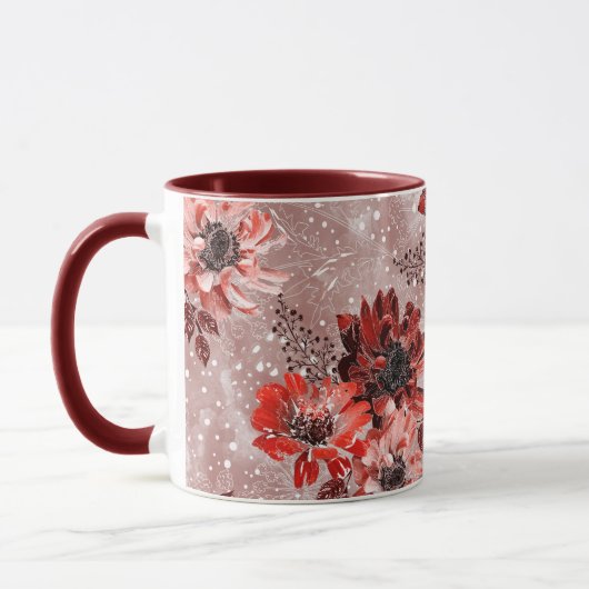Mug Red, burgundy flowers. (Gauche)