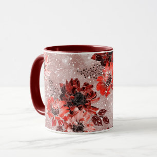 Mug Red, burgundy flowers.