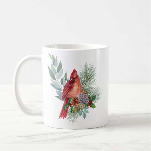 Mug Red Cardinal and Christmas Greenery and Pine Cones (Gauche)