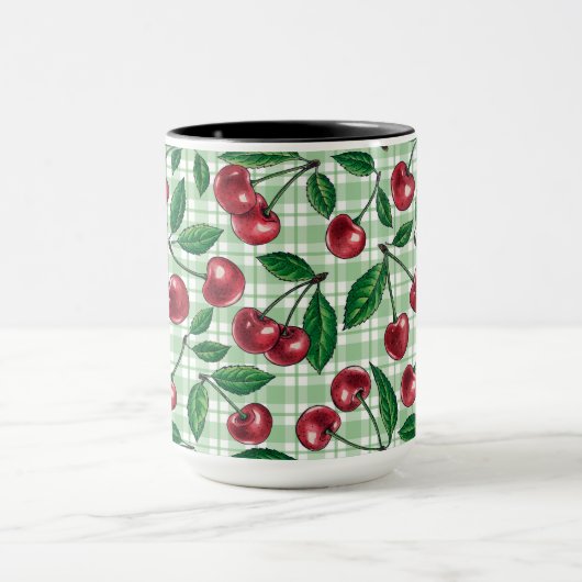 Mug Red cherries on light green gingham (Centre)