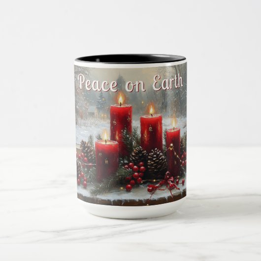 Mug Red Christmas Candles Pine Cones Peace on Earth  (Centre)
