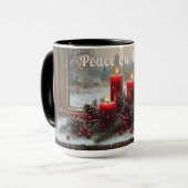 Mug Red Christmas Candles Pine Cones Peace on Earth  (Devant gauche)