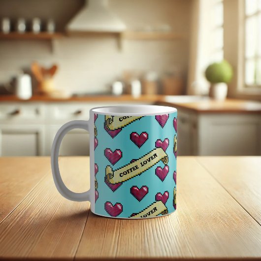Mug Red Heart Café Lover Retro Pixel Art Motif
