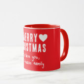 Mug Red Hearts Joyeux Noël Nom de famille Cadeau (Devant droit)