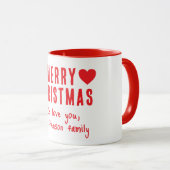 Mug Red Hearts Joyeux Noël Nom de famille Cadeau (Devant droit)