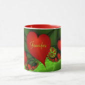 Mug Red Hearts Lime Green Modern Abstrait Nom fractal (Centre)