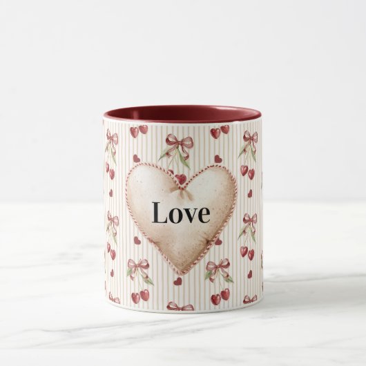 Mug Red Hearts Stripes Cherries Bows Valentine's Day (Centre)