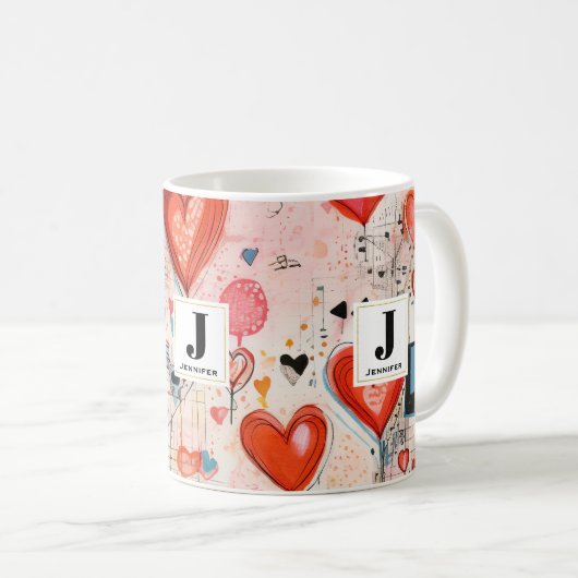 Mug Red Hearts Whimsical Love Motif Monogramme (Devant droit)
