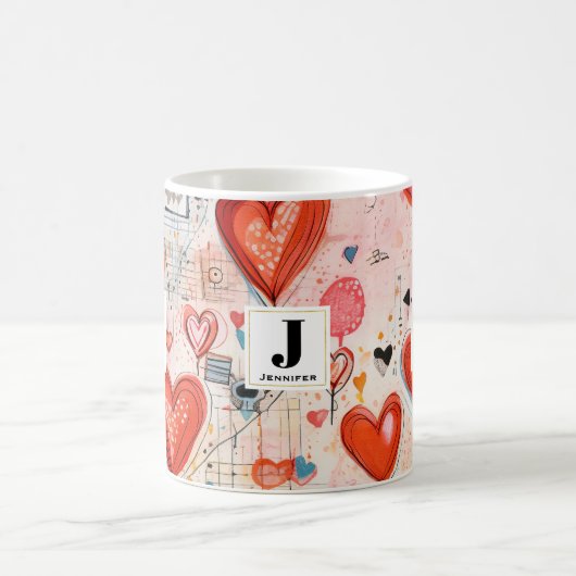 Mug Red Hearts Whimsical Love Motif Monogramme (Centre)