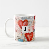 Mug Red Hearts Whimsical Love Motif Monogramme (Gauche)