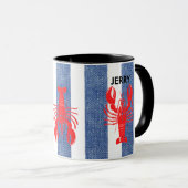 Mug Red Lobster sur Rayures de Denim Bleu et Blanc (Devant droit)