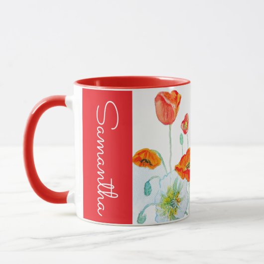 Mug Red Orange Poppy Flower Watercolor Womans Name (Gauche)