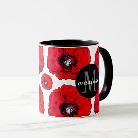 Mug Red Poppies Ajouter votre nom et initial (Devant droit)