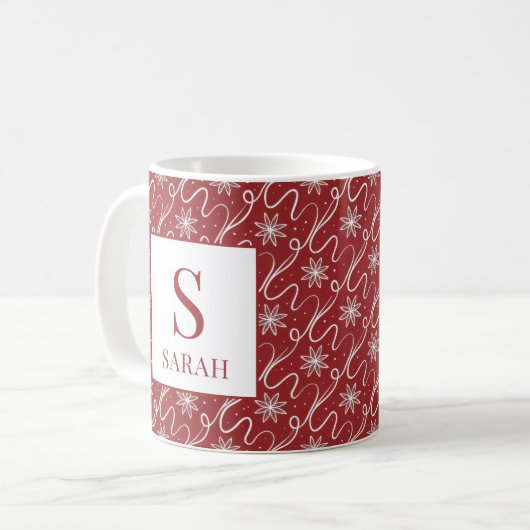Mug Red Snowflake Swirl Monogram Name (Devant gauche)