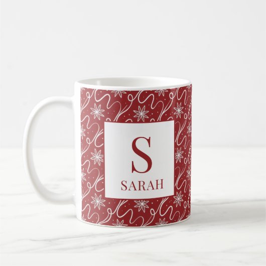 Mug Red Snowflake Swirl Monogram Name (Gauche)