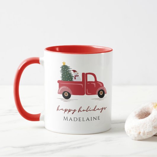 Mug Red Truck Christmas Tree Snow Man Name Holiday (Avec donut)