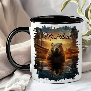Mug Reflet du lac au lever du soleil avec un castor