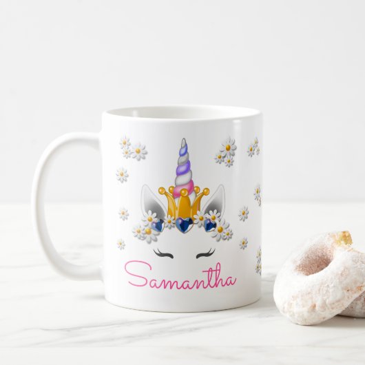 Mug Regal Unicorn Princess Crown Rhinestones & Daisies (Avec donut)