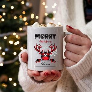 Mug Reindeer Buffalo Plaid Joyeux Noël personnalisé