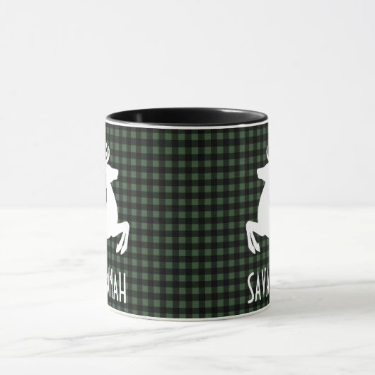 Mug Reinder de Noël Vert & Noir Plaid Nom personnalisé (Centre)