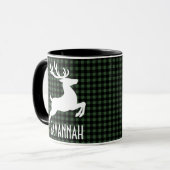 Mug Reinder de Noël Vert & Noir Plaid Nom personnalisé (Devant gauche)