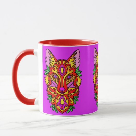 Mug Renard boho art abstrait loup bohème rouge violet (Gauche)