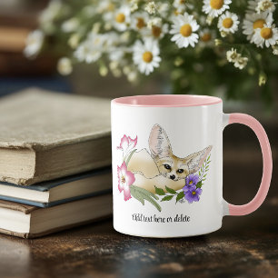 Mug Renard Fennec Fleurs Roses Violettes Mignon Bleu B