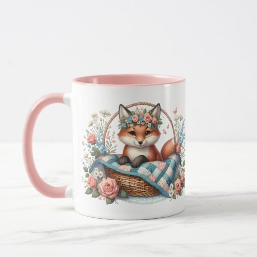 Mug Renard floral en panier avec courtepointe et fleur (Gauche)