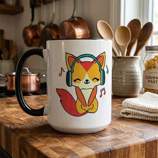 Mug Renard heureux avec écouteurs en train d'écouter d
