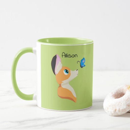 Mug Renard mignon avec Papillon caricature et nom (Avec donut)