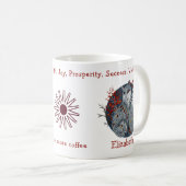 Mug Renard polaire bleu cool, fond floral. Belle (Devant droit)