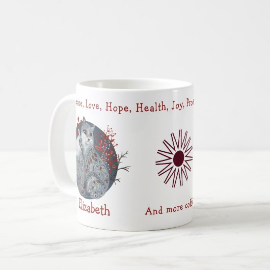 Mug Renard polaire bleu cool, fond floral. Belle (Devant gauche)