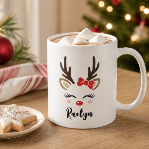 Mug Renne Féminin Ruban Rouge Visage Nom Personnalisé