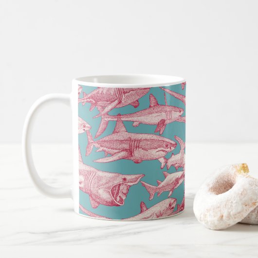 Mug requins juste viva magenta turquoise (Avec donut)