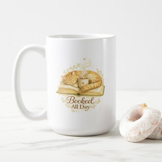 Mug Réservé toute la journée | Chat confortable lisant (Avec donut)