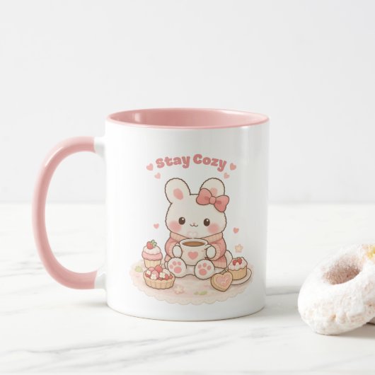 Mug Restez Mignon Lapin Douillet Rose Doux (Avec donut)
