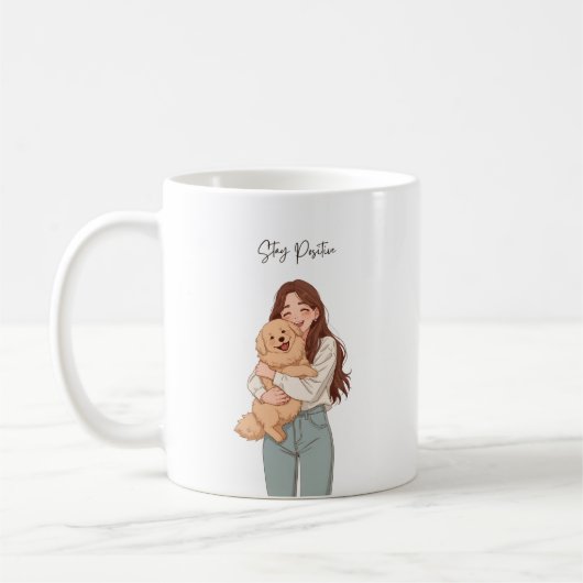 Mug Restez Positive Fille Mignonne & Chien S'étreignan (Gauche)