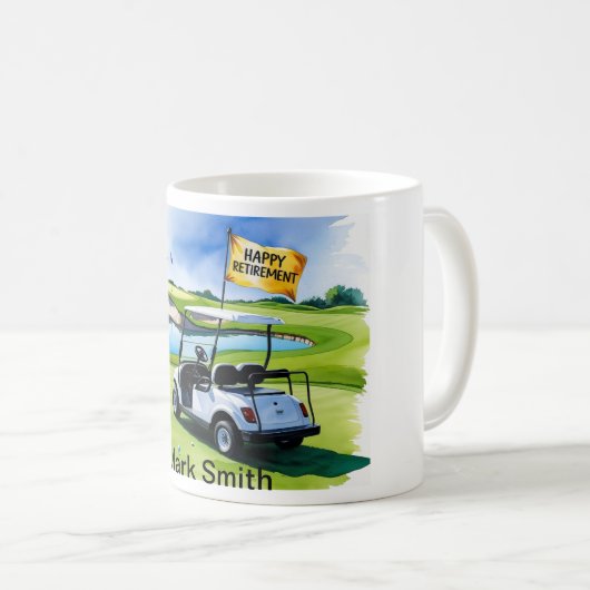 Mug Retraite de golf avec voiturette de golf sur le pu (Devant droit)