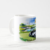Mug Retraite de golf avec voiturette de golf sur le pu (Devant gauche)