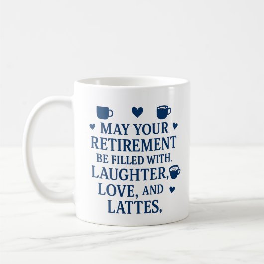 Mug Retraite Typographie Bleue Café Coeurs Lattes (Gauche)