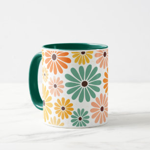 Mug Rétro Années 70 Groovy Marguerite Floral Vert Deux