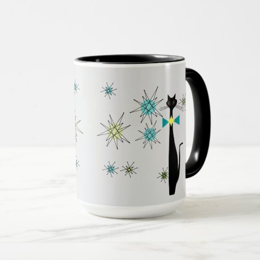 Mug Retro Atomique Cool Chat & Étoiles Grey Mid Centur (Devant droit)