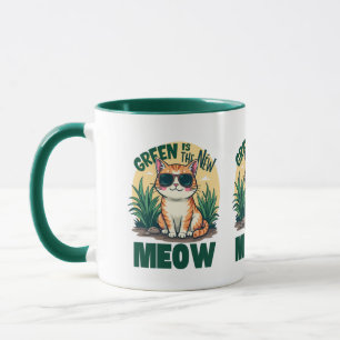 Mug Rétro "Green is the New Meow" Cool Chat Nature Art