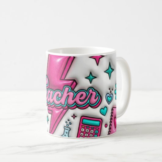 Mug Rétro Groovy Professeur Rose et Turquoise 330m (Devant droit)